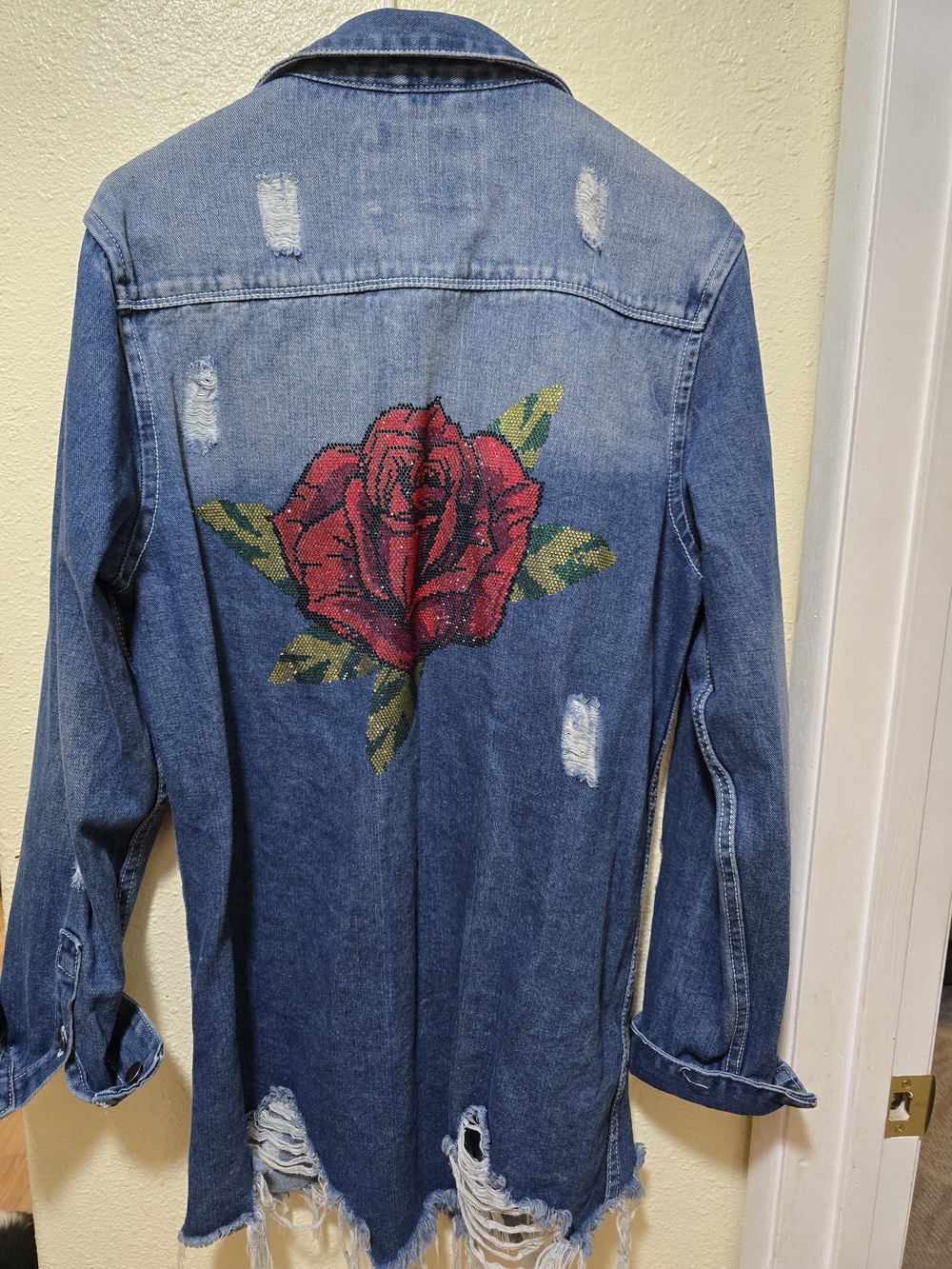 Rodeo Quincy Distressed Denim Jacket with Embroidered Red Rose